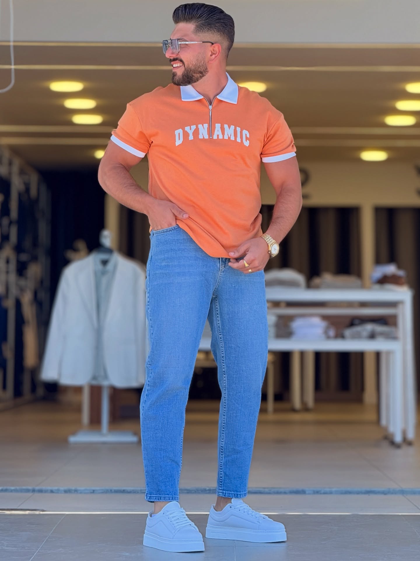 Orange Dynamic White Neck Polo