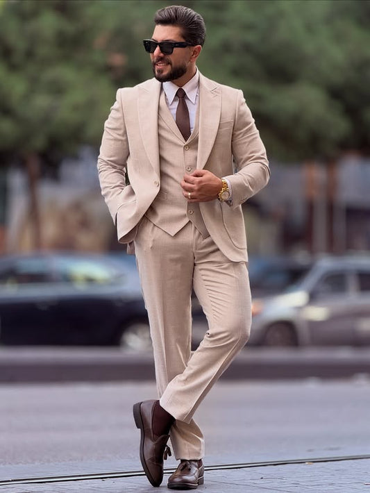 Beige Peak Lapel Suit