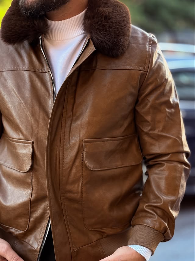 Leather Jacket with Fur Neck
