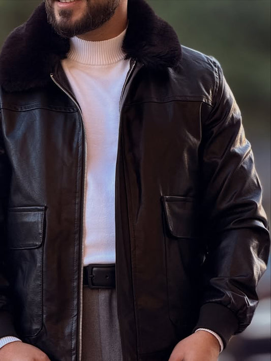 Black Leather Jacket with Fur Neck