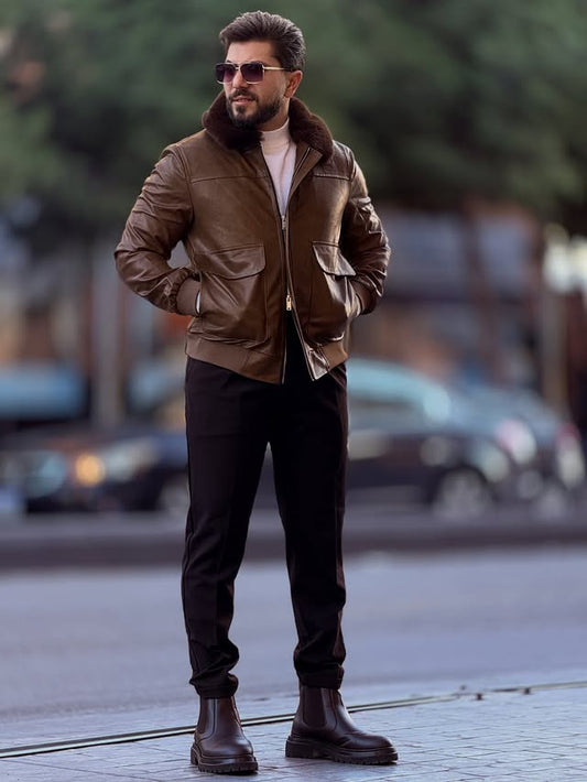 Leather Jacket with Fur Neck