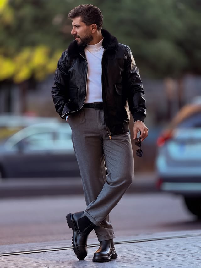 Black Leather Jacket with Fur Neck