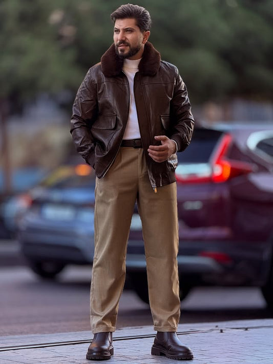 Brown Leather Jacket with Fur Neck