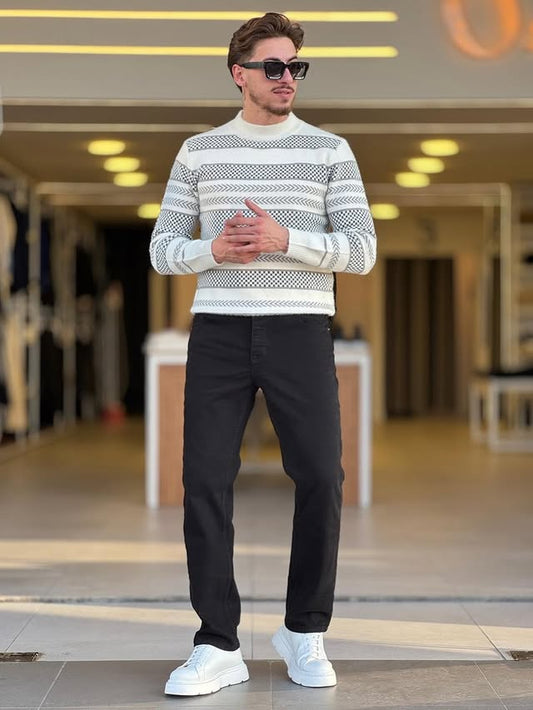 White Sweater with Black & Gray Pattern