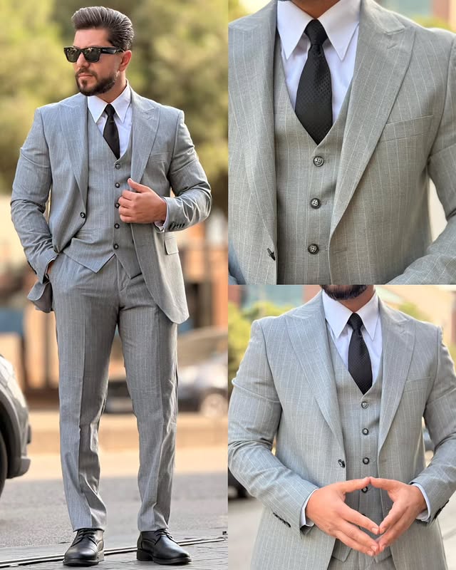 Pinstripe Three-piece Suit in Grey