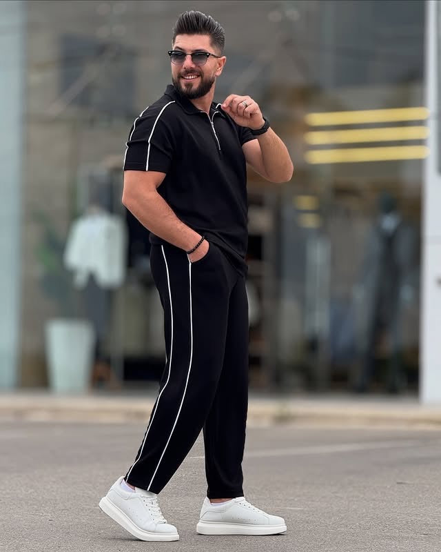 Black Cotton Polo Neck Set
