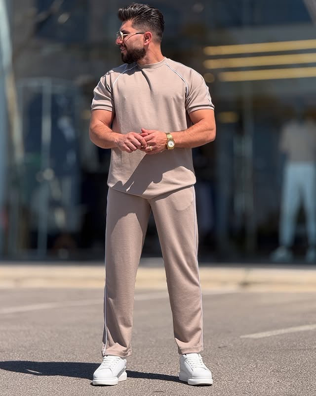 Beige Cotton Round Neck Set