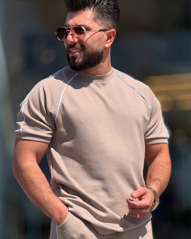 Beige Cotton Round Neck Set