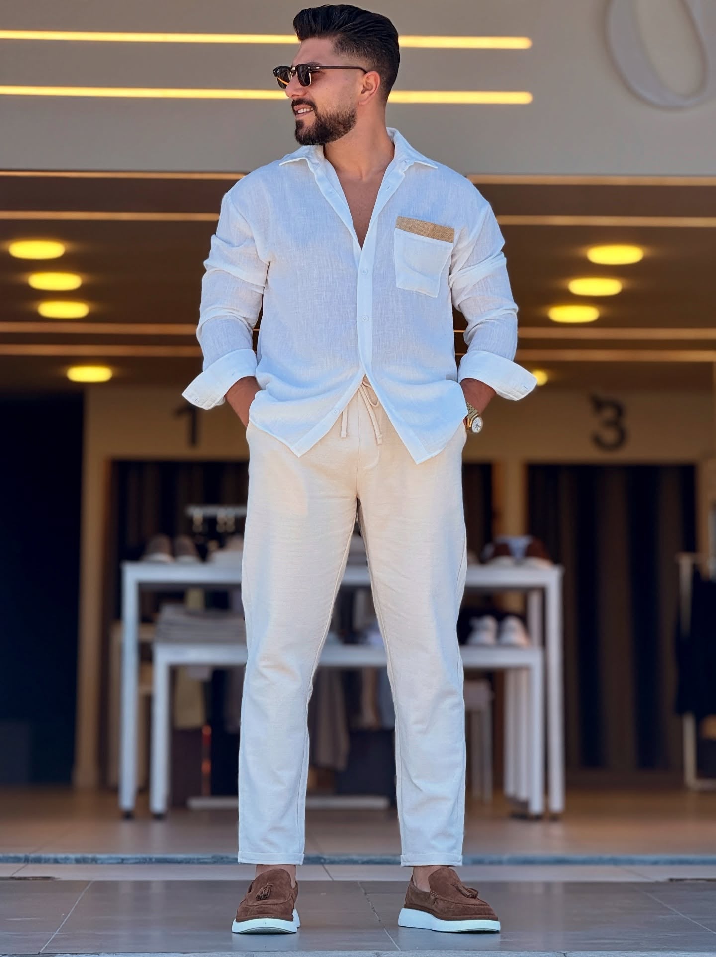 White Linen Shirt With Beige Pocket Pattern