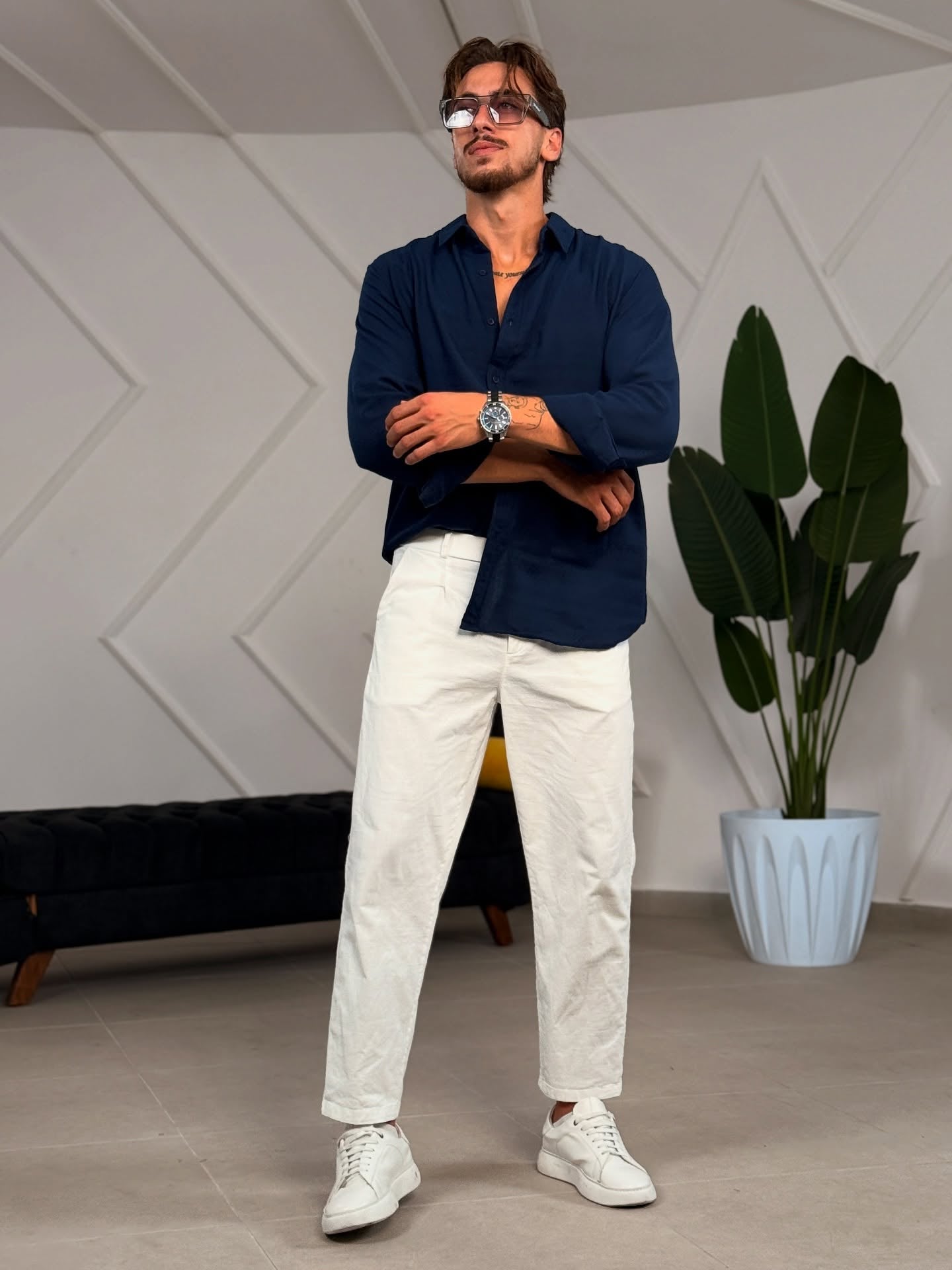 Navy Blue Linen Shirt