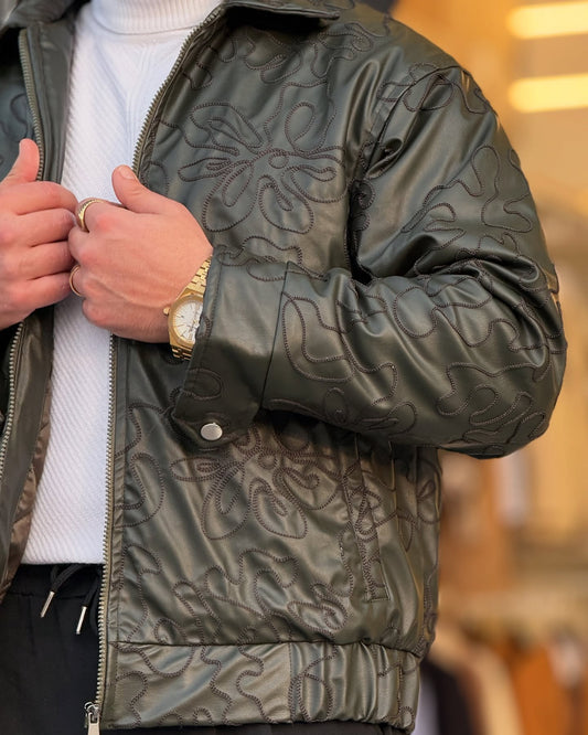 Patterned Olive Green Leather Jacket
