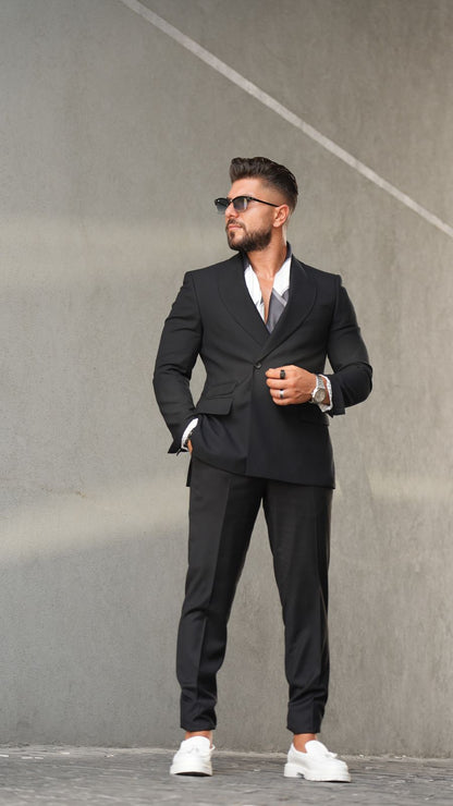 Full Black Col Chale Suit