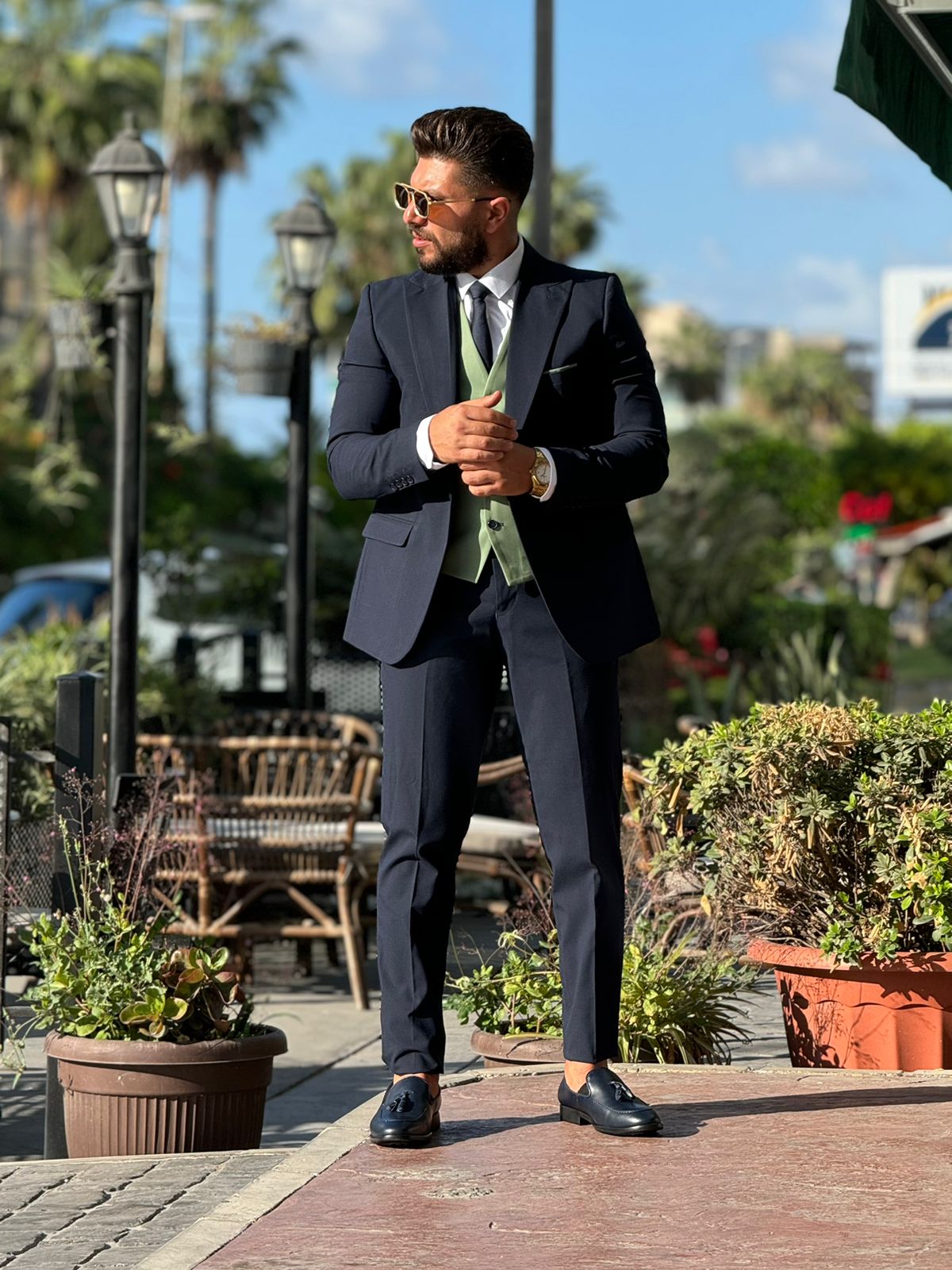 Petroleum Suit & Light Green Vest