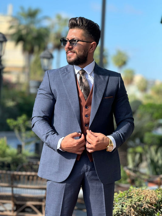 Dark Blue & Brown Vest Suit