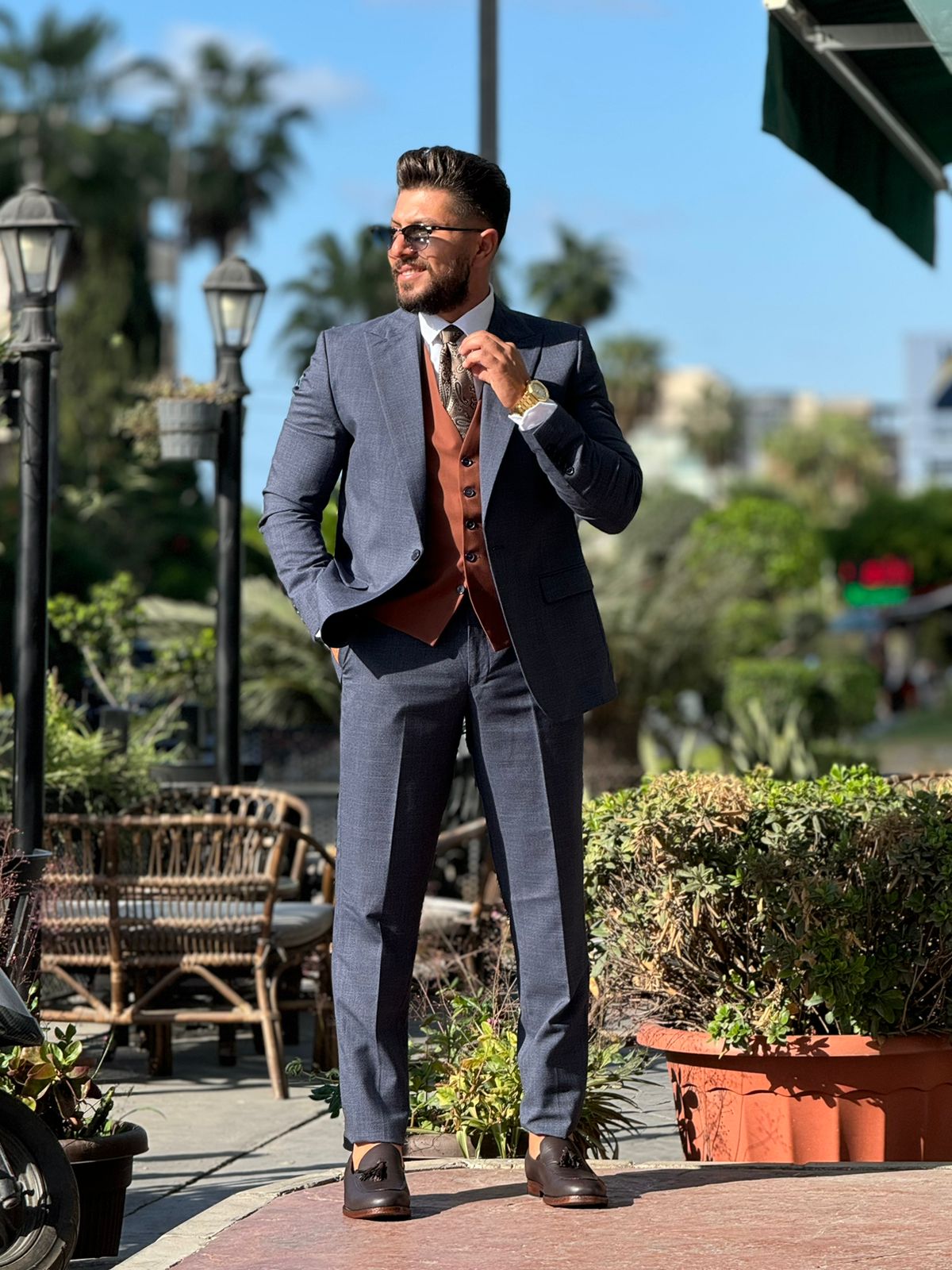 Dark Blue & Brown Vest Suit