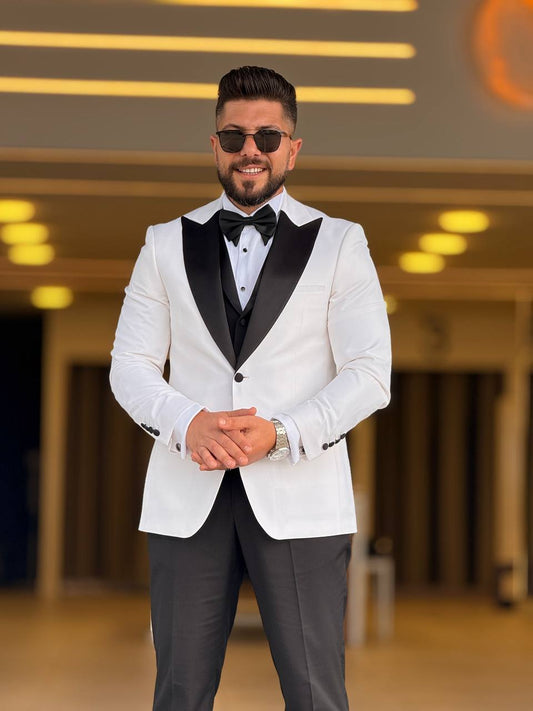 White and Black Tuxedo Peak Lapel Suit
