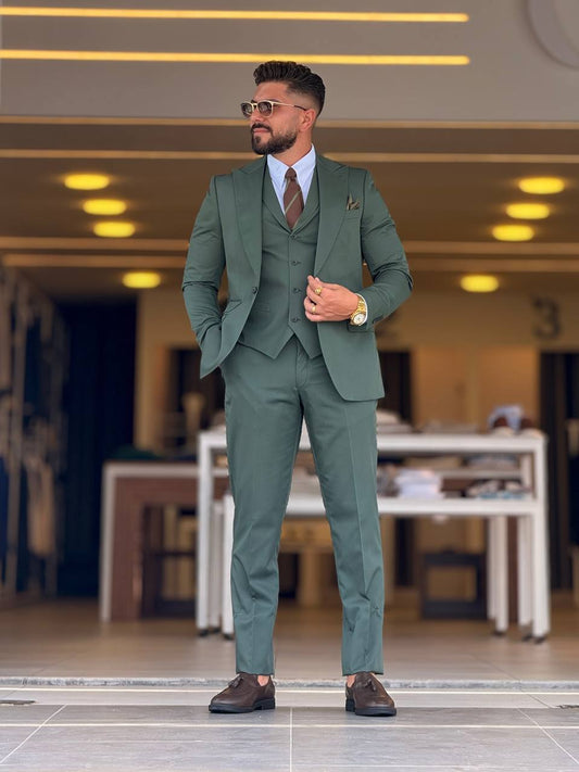 Olive Green Peak Lapel Suit