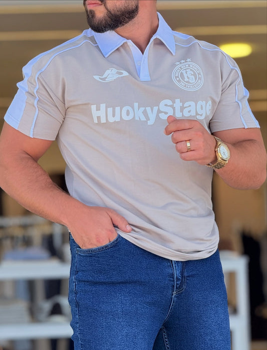 Beige White Neck Polo