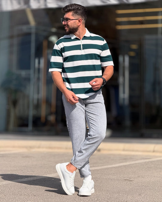 White & Black Striped Polo