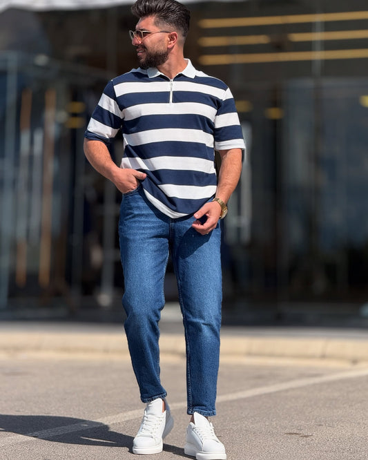 White & Navy Blue Striped Polo