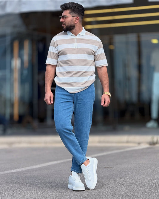 White & Beige Striped Polo