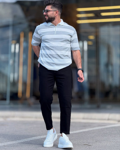 White & Grey Striped Polo