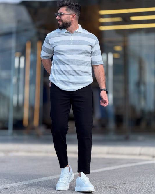 White & Grey Striped Polo