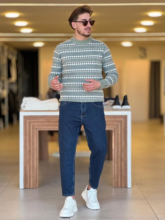 Blue White & Beige Pattern Sweater