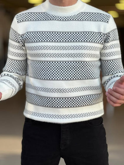 White Sweater with Black & Gray Pattern