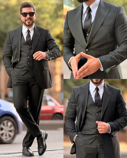 Pinstripe Three-piece Suit in Charcoal