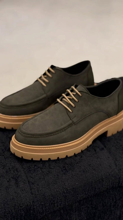 Dark Green Leather Shoes With Tan Soles