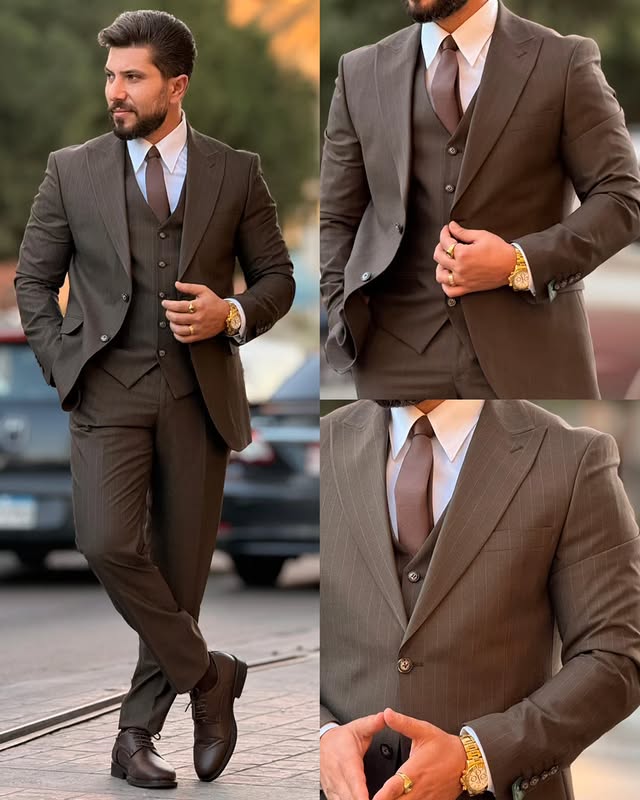 Pinstripe Three-piece Suit in Brown