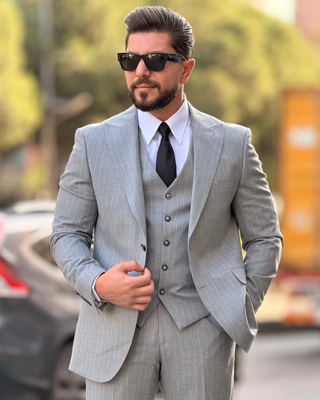Pinstripe Three-piece Suit in Grey