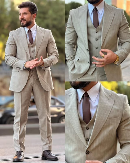 Pinstripe Three-piece Suit in Beige