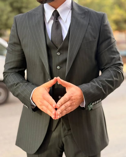 Pinstripe Three-piece Suit in Charcoal