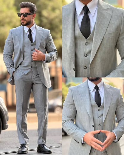 Pinstripe Three-piece Suit in Grey