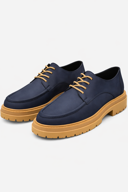 Moccasin Navy Blue Leather Shoes With Tan Soles