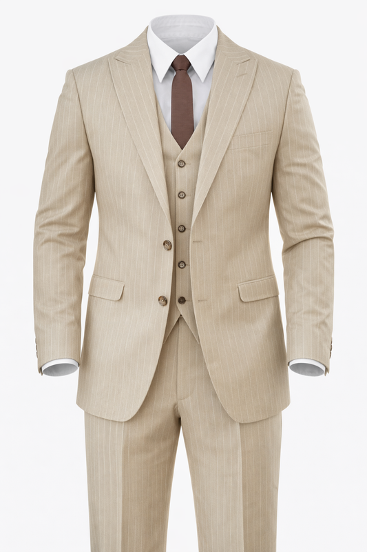 Pinstripe Three-piece Suit in Beige