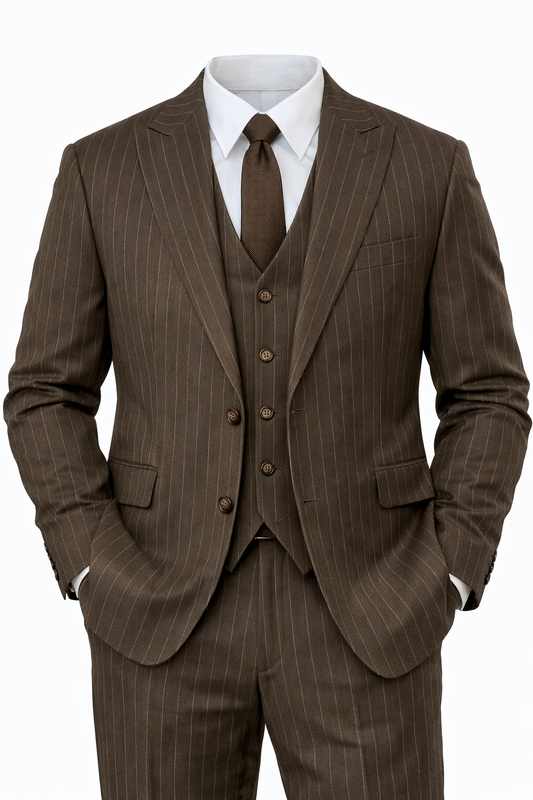 Pinstripe Three-piece Suit in Brown