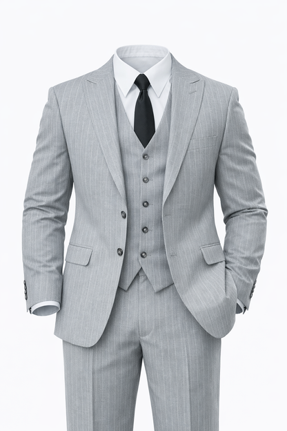 Pinstripe Three-piece Suit in Grey