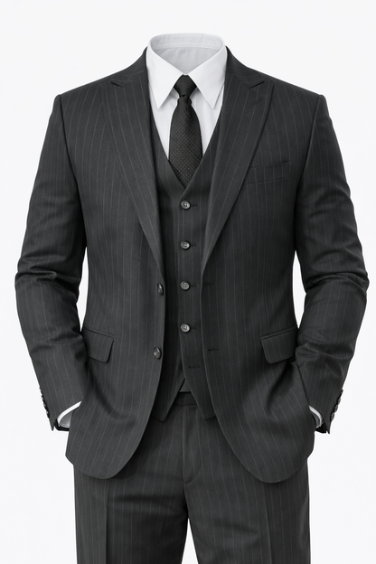 Pinstripe Three-piece Suit in Charcoal
