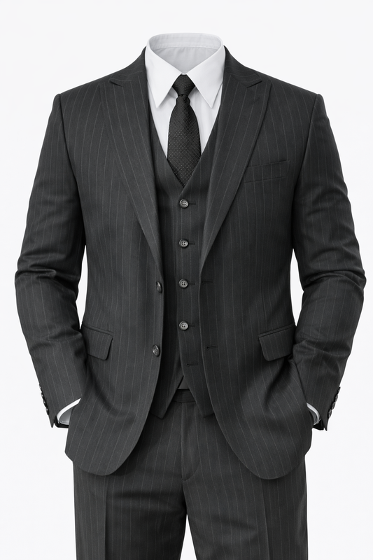 Pinstripe Three-piece Suit in Charcoal