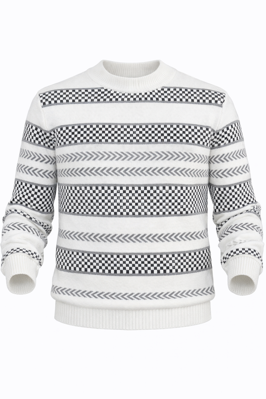 White Sweater with Black & Gray Pattern