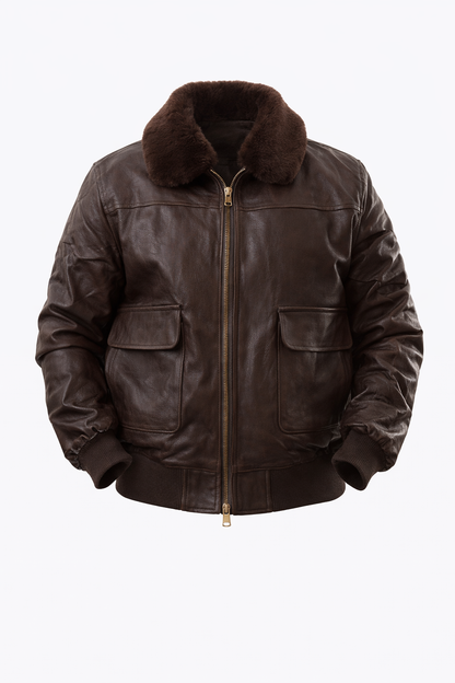 Brown Leather Jacket with Fur Neck