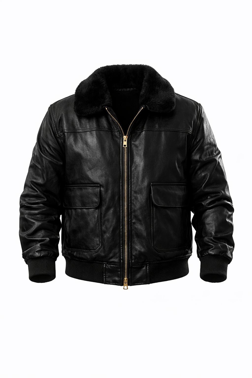 Black Leather Jacket with Fur Neck