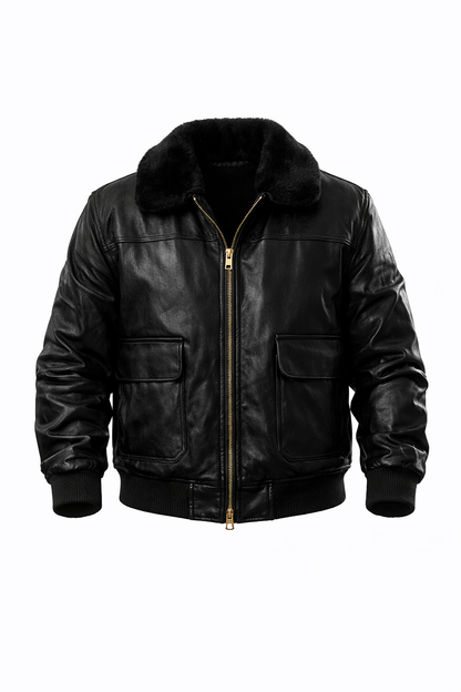 Black Leather Jacket with Fur Neck