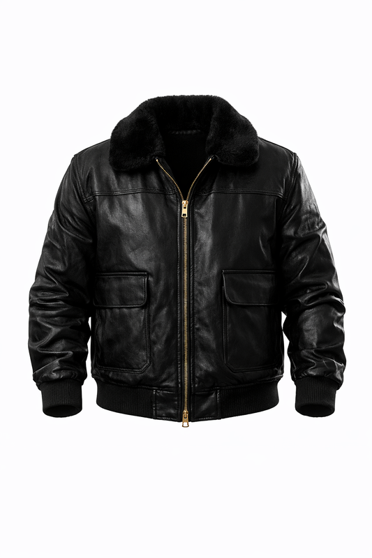 Black Leather Jacket with Fur Neck