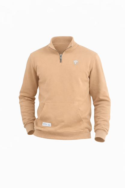 Beige Quarter Zip High Neck Top
