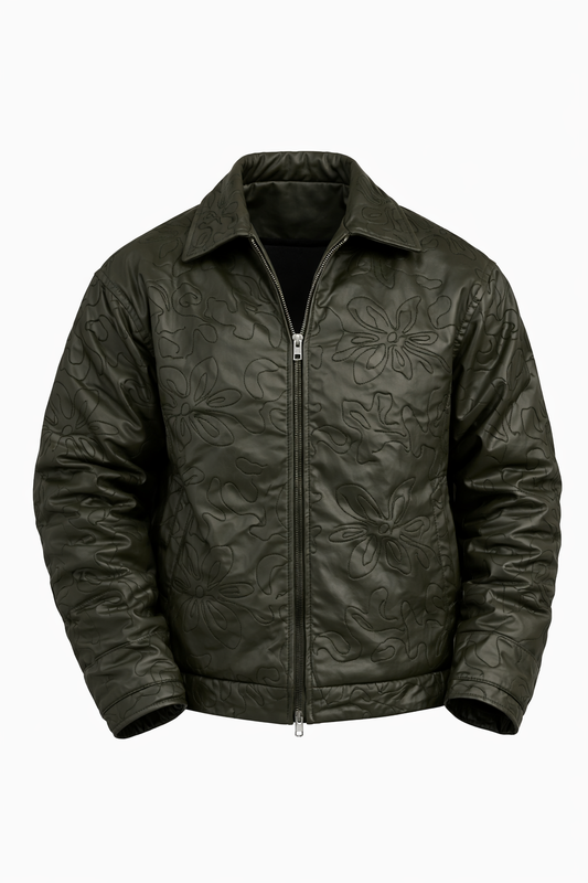 Patterned Olive Green Leather Jacket