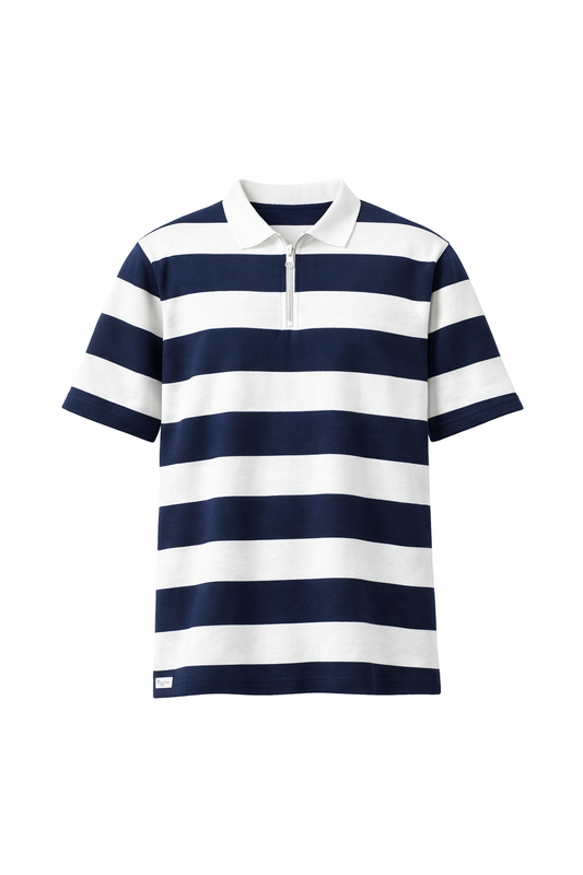 White & Navy Blue Striped Polo